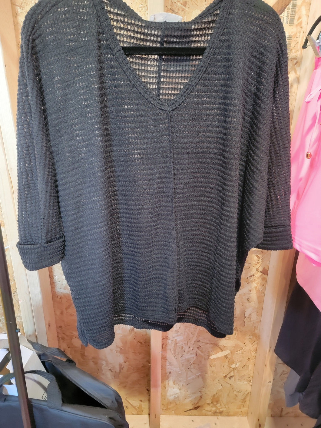 Black Waffle V Neck