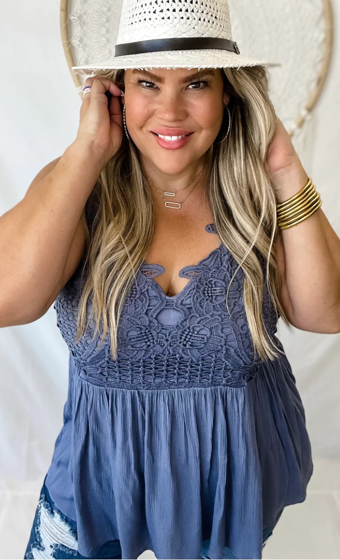 Grace Lace Tank Top - Denim Blue